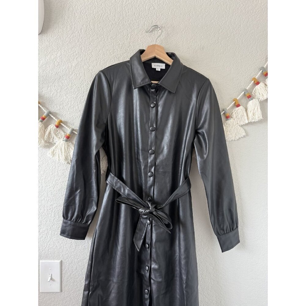 Evereve Clara Vegan Leather Long Sleeve Belted Midi Shirt Dress Grunge NWOT - Picture 3 of 9